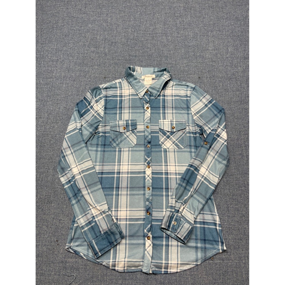 Passport Womens Blue Plaid Button Down Shirt Roll Tab Long Sleeve Size S